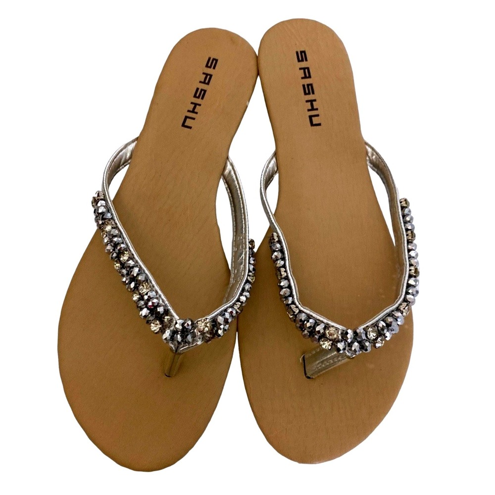 Sashu Silver‎ Thong Sandals with Beaded Embellishments, Casual Slides women 9.5